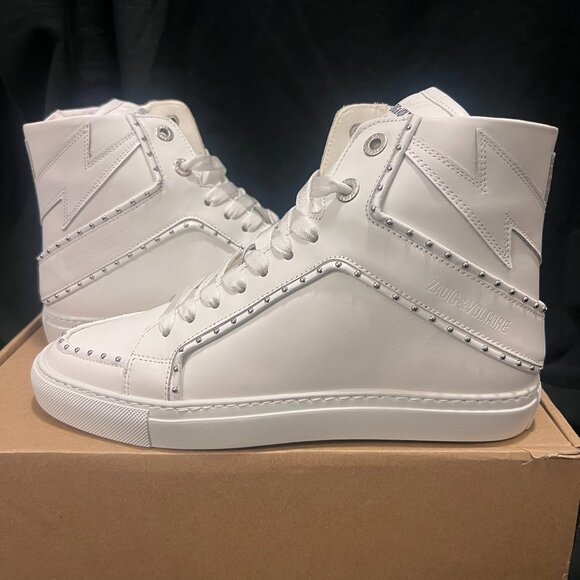 NWT ZADIG AND VOLTAIRE ZV1747 HIGH FLASH STUDDED SNEAKERS IN WHITE SZ 40 - Picture 6 of 14